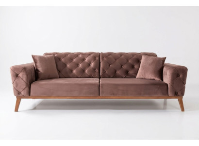 Divano Chesterfield marrone, elegante divano in velluto per il soggiorno.