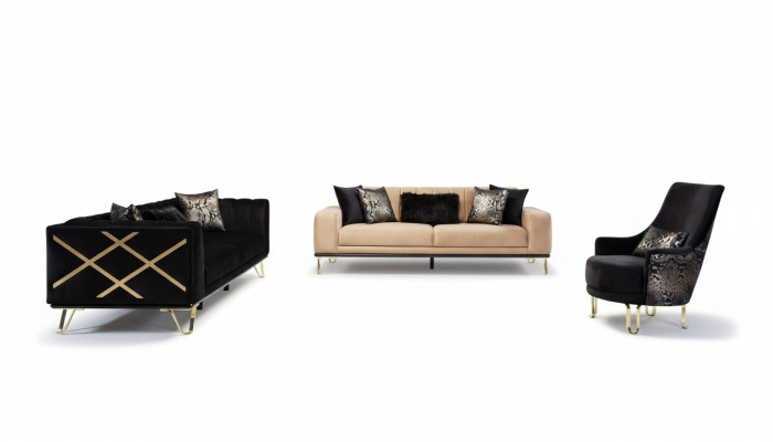 Set di divani neri Divano 3+3+1 posto poltrona in metallo elegante in velluto