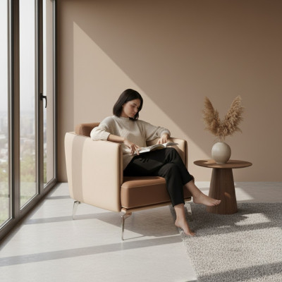 Poltrona moderna monoposto marrone, rivestimento in tessuto.