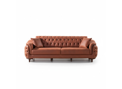 Divano Chesterfield arancione a tre posti in velluto con cuscini in legno.