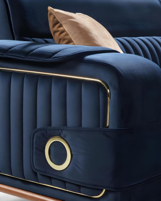 Lussuoso divano blu a tre posti. Design di divani in tessuto di velluto.