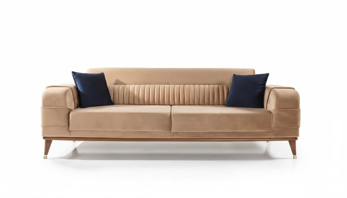 Divano moderno a 3 posti, colore beige, divani design stile soggiorno in legno.