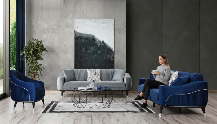 Divano componibile 3 posti + 3 posti + poltrona in legno grigio blu velluto
