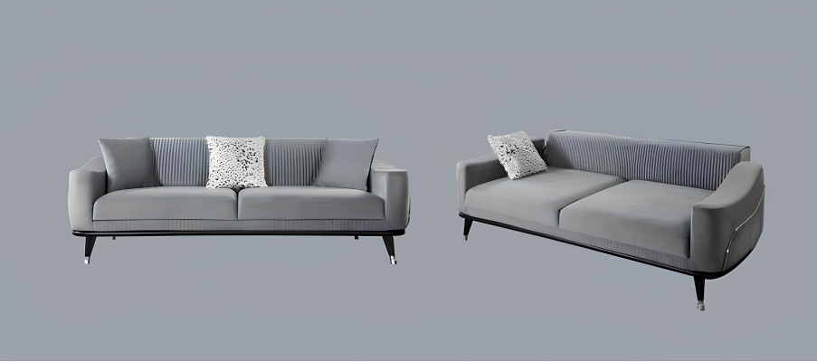 Divano design grigio in velluto a tre posti, divano di lusso, divani in tessuto.