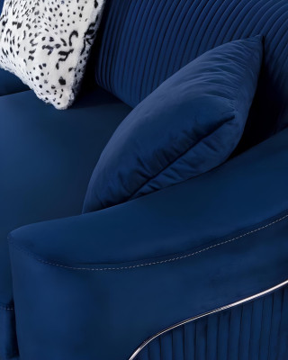Divano design blu a tre posti, divano di lusso in velluto tessuto di arredamento.