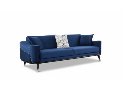 Divano design blu a tre posti, divano di lusso in velluto tessuto di arredamento.