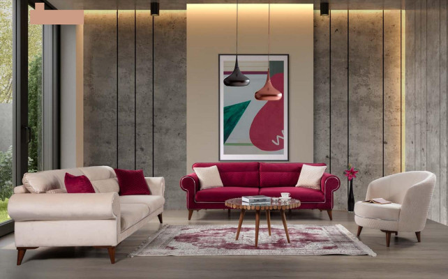 Divano a 3 posti in tessuto beige con ampi cuscini e design in legno, nuovo.