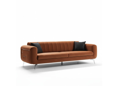 Divano design arancione in velluto a tre posti in tessuto di lusso.
