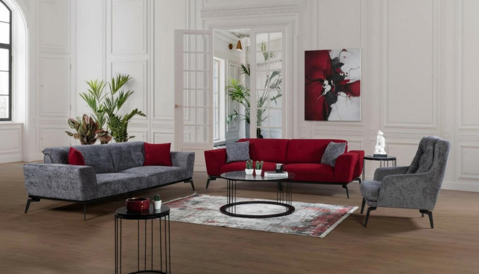 Sofà set 331 cuscini Seduta Divano Paesaggio abitativo Mobili Rosso Grigio