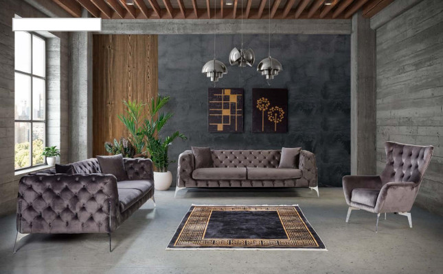 Divano Chesterfield grigio a 3 posti in tessuto per il soggiorno.