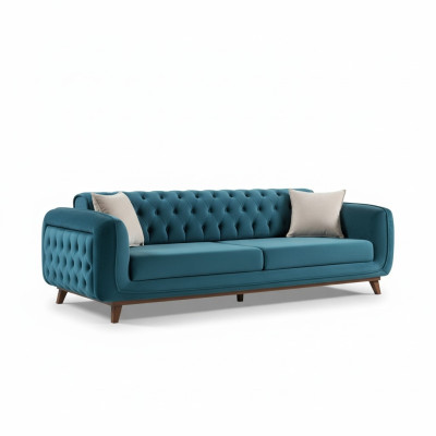 Divano design a 3 posti in tessuto turchese.