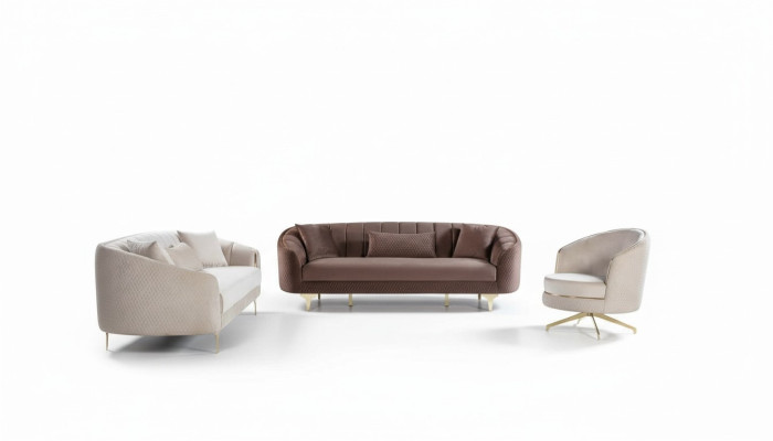 Sofà da soggiorno di lusso in pelle marrone beige, set da 3+3+1 posti