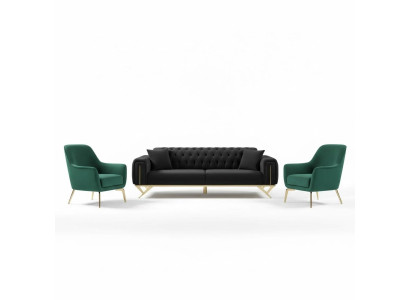 Divano Chesterfield nero a tre posti con cuscini in velluto e struttura in legno.