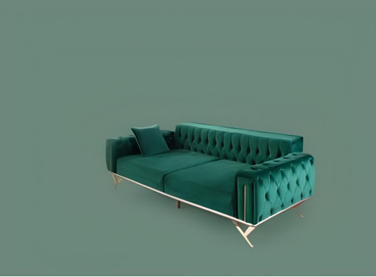 Divano Chesterfield verde a tre posti imbottito in velluto con struttura in legno.
