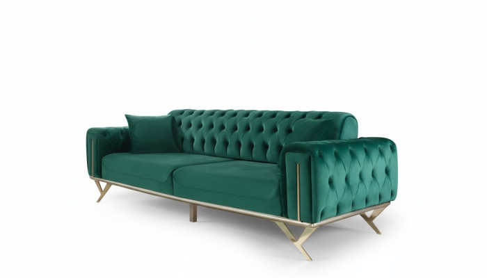 Divano Chesterfield verde a tre posti imbottito in velluto con struttura in legno.