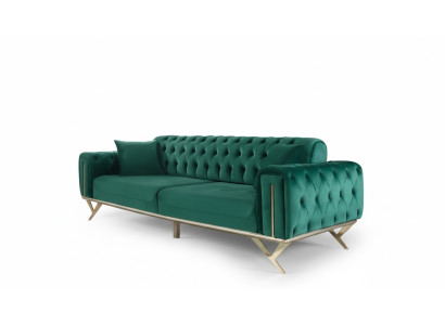 Divano Chesterfield verde a tre posti imbottito in velluto con struttura in legno.