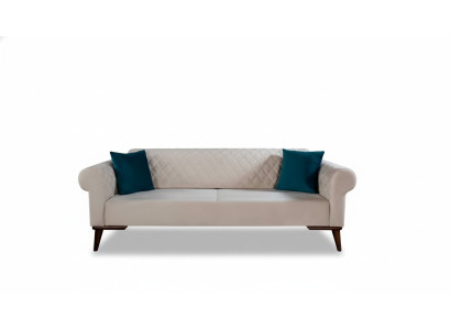 Divano beige a tre posti elegante, in velluto, per il salotto.