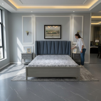 Moderni letti imbottiti di design di lusso per hotel matrimoniali in legno grigio.