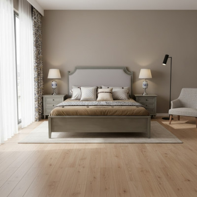 Set da camera premium: letto e comodini in legno naturale grigio.