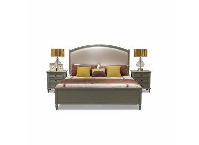 Letto matrimoniale Premium dal design classico in grigio con finiture in pelle color beige.