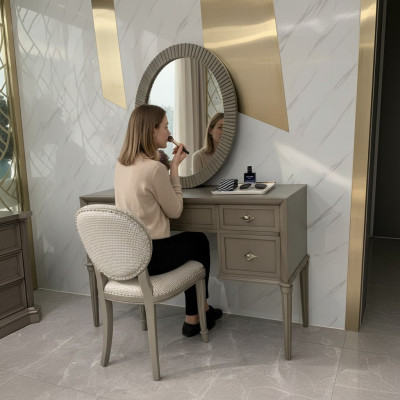 Tavolo trucco, specchio, sgabello, lusso, set completo per camera da letto 3 pezzi in legno, consolle.