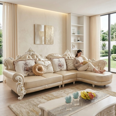 Divano a L a forma di angolo, divano living in pelle e legno stile Chesterfield.