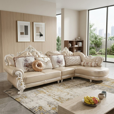 Divano a L a forma di angolo, divano living in pelle e legno stile Chesterfield.