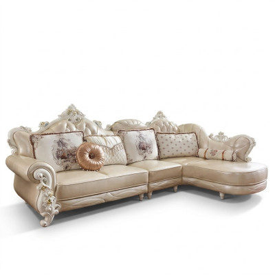 Divano a L a forma di angolo, divano living in pelle e legno stile Chesterfield.
