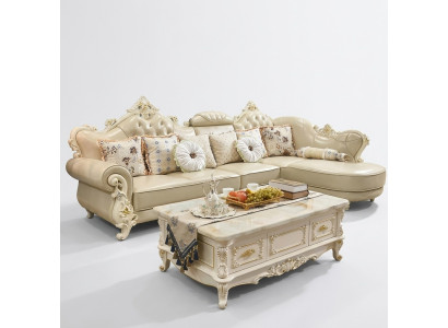 Soggiorno divano ad angolo a L in pelle di legno Chesterfield