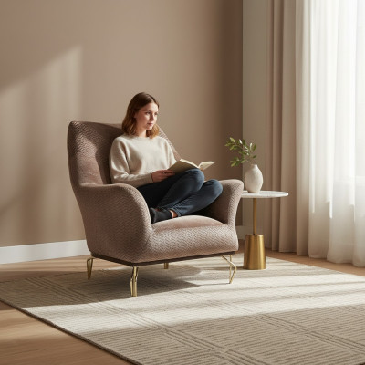 Poltrona design salotto imbottita in legno moderna di lusso marrone nuova