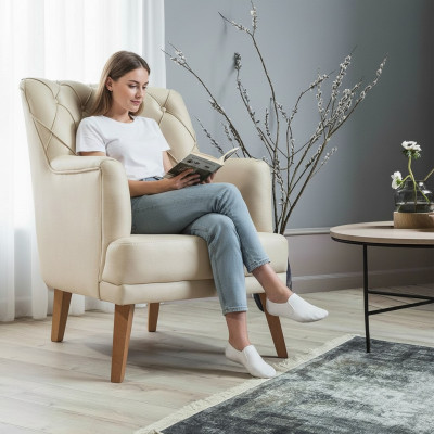 Poltrona soggiorno mobili moderni tessuto lounge tessile similpelle beige