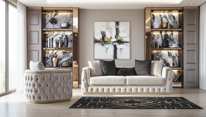Set di divani Chesterfield di lusso 3+1 posti, rivestimento in velluto dorato.