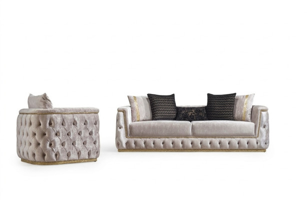 Set di divani Chesterfield di lusso 3+1 posti, rivestimento in velluto dorato.
