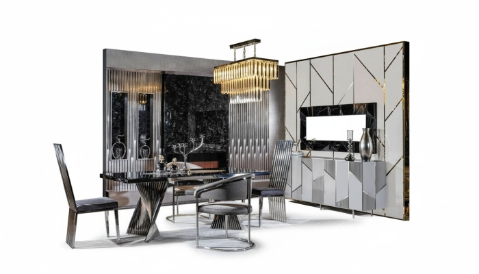 Set da pranzo con tavolo da pranzo, 4 sedie e credenza con specchio Mobili Nuovi