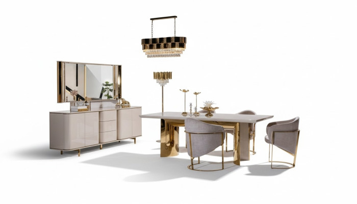 Sala da pranzo completa con tavolo 4 sedie credenza specchio set 7 pezzi.