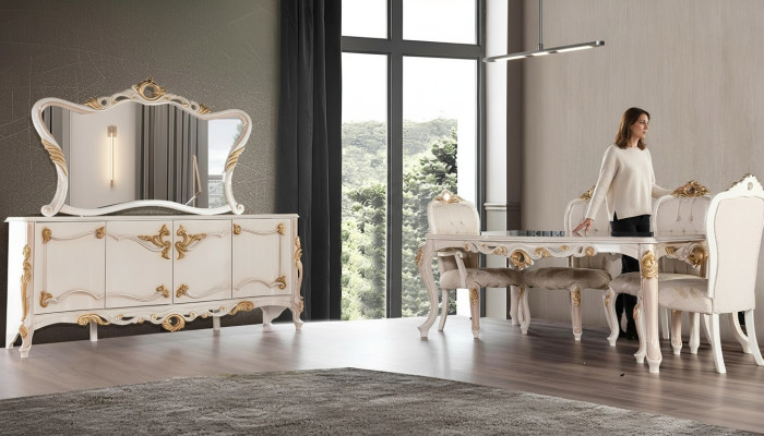 Set di biancheria 7 pezzi per sala da pranzo Tavolo Sedie Credenza Specchio Sedie da pranzo Tavoli