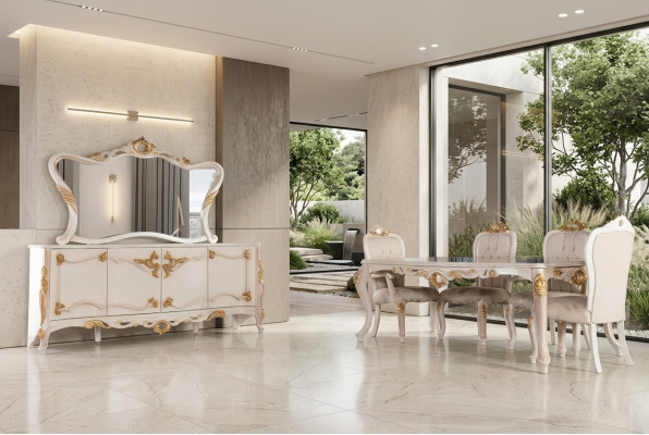 Set di biancheria 7 pezzi per sala da pranzo Tavolo Sedie Credenza Specchio Sedie da pranzo Tavoli