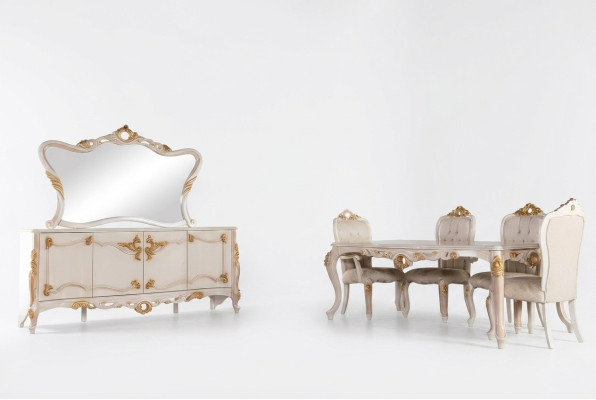 Set di biancheria 7 pezzi per sala da pranzo Tavolo Sedie Credenza Specchio Sedie da pranzo Tavoli