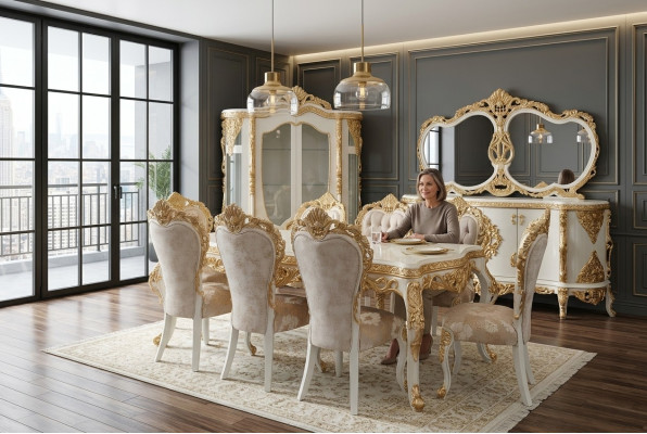 Set di sedie classiche con ricche decorazioni intagliate e dorate.