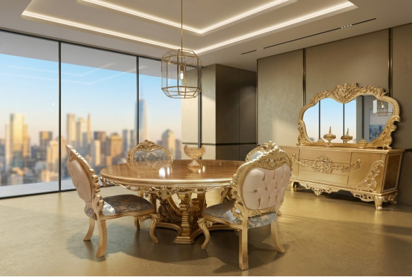 Set di lusso per sala da pranzo tavolo sedia comò specchio sedie tavolo 7 pezzi.