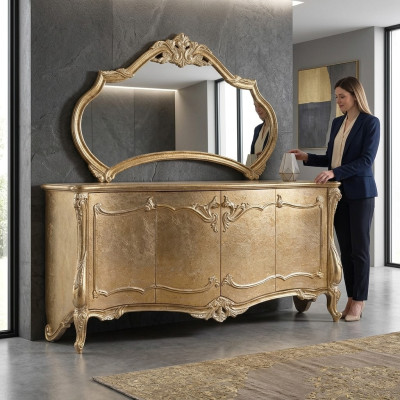 Set cassettiera con specchio Gruppo di mobili in legno cassettiere Sideboard Barocco