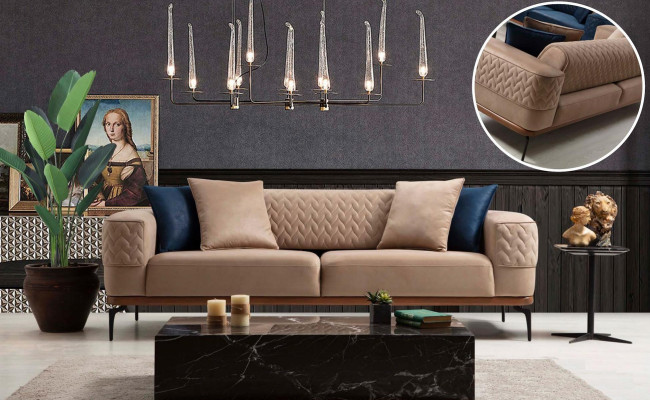Sofà di lusso design a tre posti, divano moderno beige, mobili imbottiti loft nuovi.