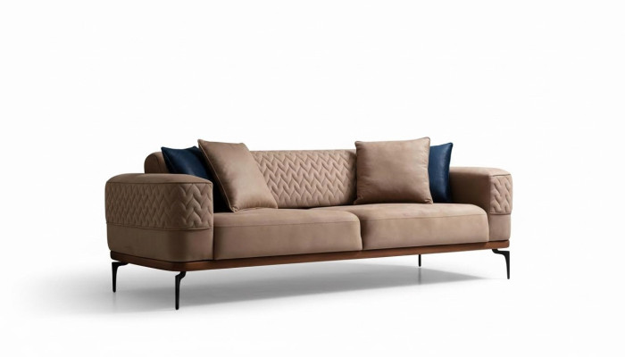 Sofà di lusso design a tre posti, divano moderno beige, mobili imbottiti loft nuovi.