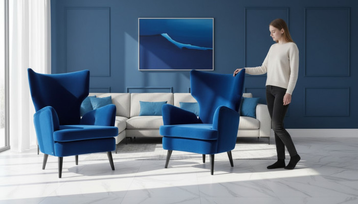 Poltrona Sedia poltrona a braccioli poltrona ad ala 1 posto a sedere Tessuto di lusso Soggiorno moderno Blu