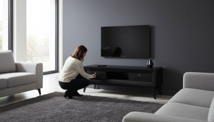 Mobile porta TV Lowboard Tavolino in stile moderno in legno nero disegno per il soggiorno.