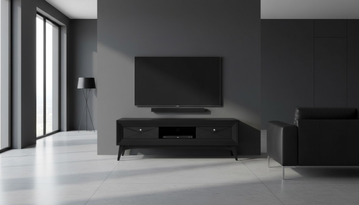Mobile porta TV Lowboard Tavolino in stile moderno in legno nero disegno per il soggiorno.