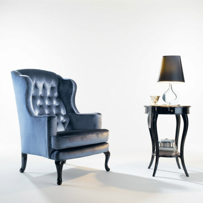 Poltrona poltrona con schienale a orecchie Posti a sedere Tessuto Blu Soggiorno di lusso Classico Poliestere