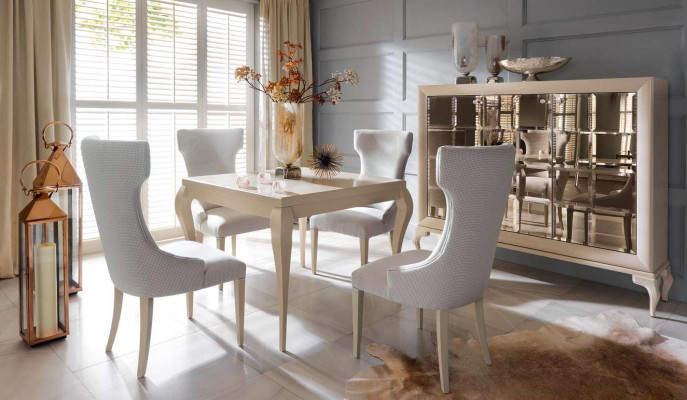 Sala da pranzo Tavolo da pranzo Sedia Gruppo da pranzo Angolo pranzo Sedie Lusso Bianco Comò Set 6 pezzi