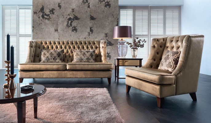 Sofagarnitur Divano Set 3 posti Chesterfield moderno in tessuto marrone 3 pezzi