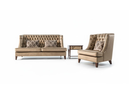 Sofagarnitur Divano Set 3 posti Chesterfield moderno in tessuto marrone 3 pezzi